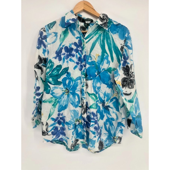 Lauren Ralph Lauren 100% Linen Button Top Floral Large Vacation Coastal Tropical - Picture 1 of 7